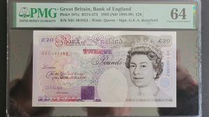 £20 B374 Kentfield First Run note. PMG Graded 64 (UNC) X01 001052 - Very Low Number