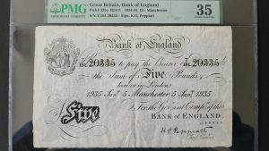 £5 Peppiatt Bank of England Manchester Branch. 5th January 1935. PMG 35 (VF) T/191 20335