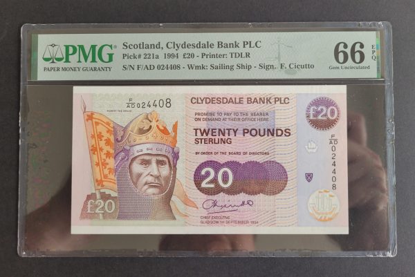 £20 Clydesdale Bank, Circutto. SC.353a PMG 66 EPQ (UNC) F/AD 024408