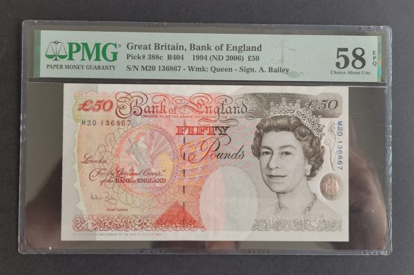 £50 Bailey B404 Bank of England note. PMG 58 EPQ (UNC) M20 136867