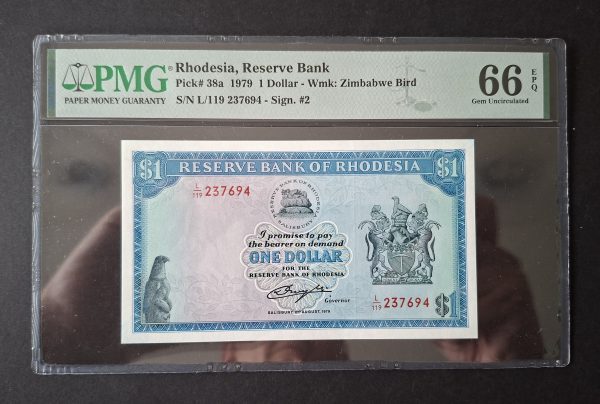 Rhodesia One Dollar Pick 38a, 1979. PMG 66 EPQ (UNC) L/119 237694