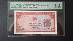 Rhodesia Two Dollars Pick 39b, 1979. PMG 66 EPQ (UNC) K/166 071635