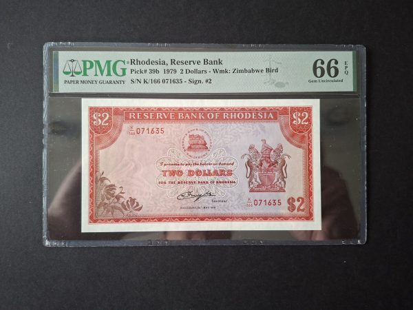 Rhodesia Two Dollars Pick 39b, 1979. PMG 66 EPQ (UNC) K/166 071635