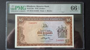 Rhodesia Five Dollars Pick 36b, 1978. PMG 66 EPQ (UNC) M/18 683895