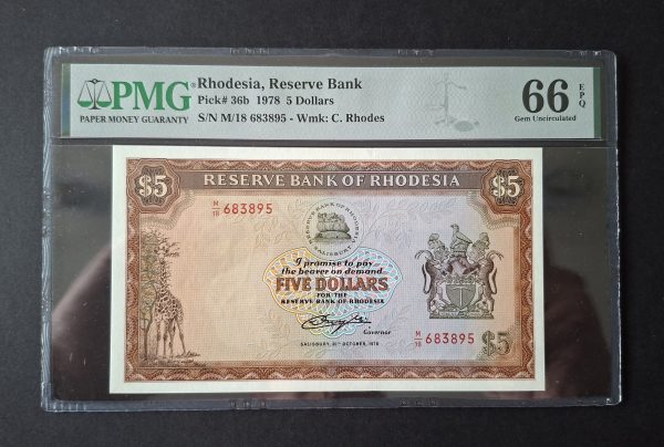 Rhodesia Five Dollars Pick 36b, 1978. PMG 66 EPQ (UNC) M/18 683895