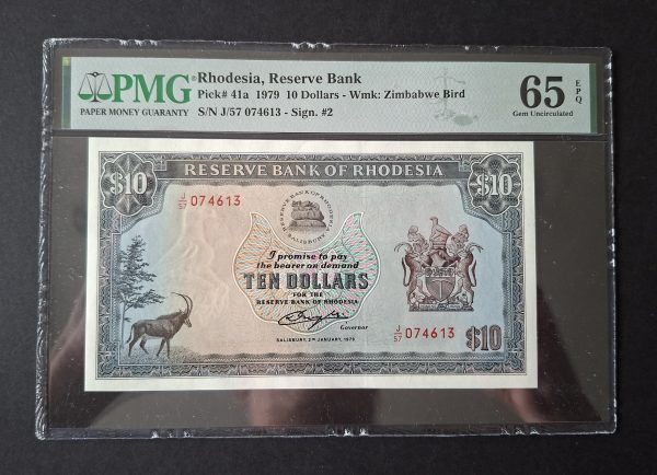 Rhodesia Ten Dollars Pick 41a, 1979. PMG 65 EPQ (UNC) J/57 074613