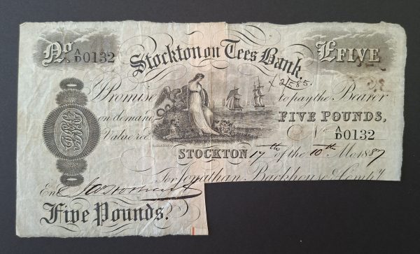 £5 Provincial note Stockton Tees Bank (G) Dated 17th October 1887. Outing 2050c