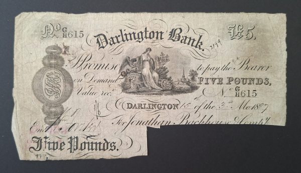 Darlington Bank 1887 £5 banknote VG Outing 629r