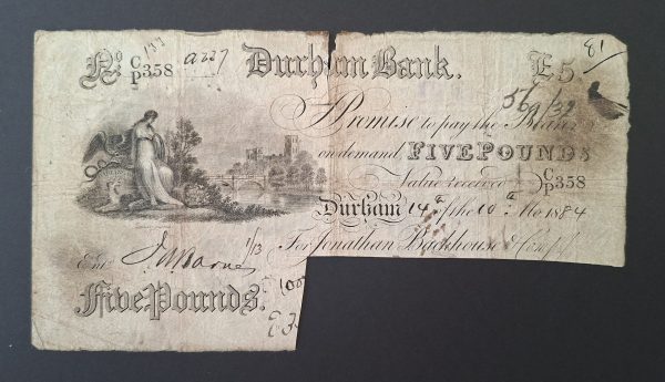 Durham Bank £5 Banknote (1884) OUT: 722g - (F)