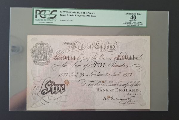 Operation Bernhard £5 Note dated 25.1.1937. PCGS 40 (EF) A/363 60411