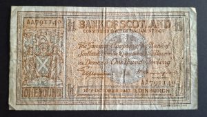 £1 Bank of Scotland, 1943. Elphinstone & Crawford. Last Prefix (VG) AA791140