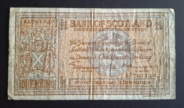 £1 Bank of Scotland, 1943. Elphinstone & Crawford. Last Prefix (VG) AA791140