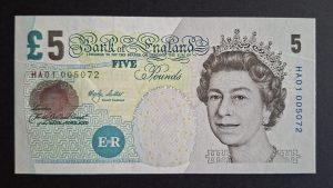 £5 Lowther B395 (AUNC) HA01 005072. LOW SERIAL