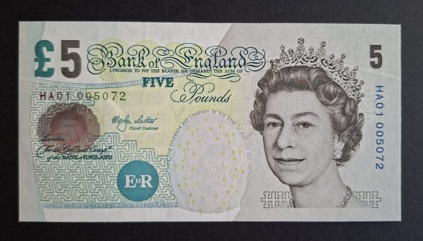 £5 Lowther B395 (AUNC) HA01 005072. LOW SERIAL