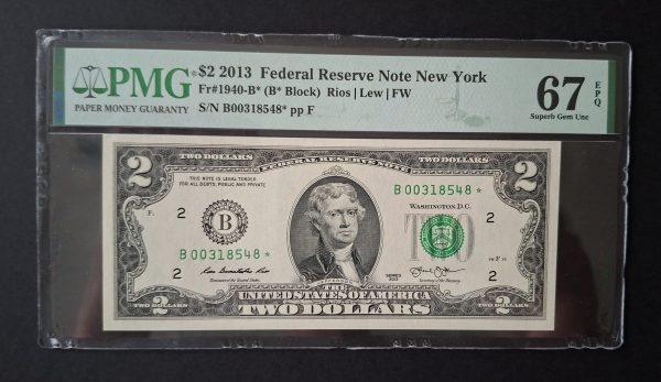 2013 $2 Federal Reserve New York Star Note. PMG 67 EPQ (UNC) B00318548*
