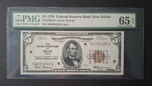 One Dollar National Currency Dallas, 1929 PMG 65 EPQ (UNC) K00790582A