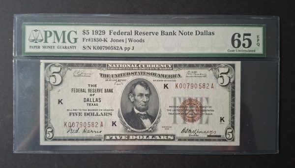 One Dollar National Currency Dallas, 1929 PMG 65 EPQ (UNC) K00790582A