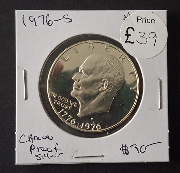 1776-1976 Dollar Eisenhower Liberty Bell Moon One Dollar Silver Cameo Coin - US Bicentennial