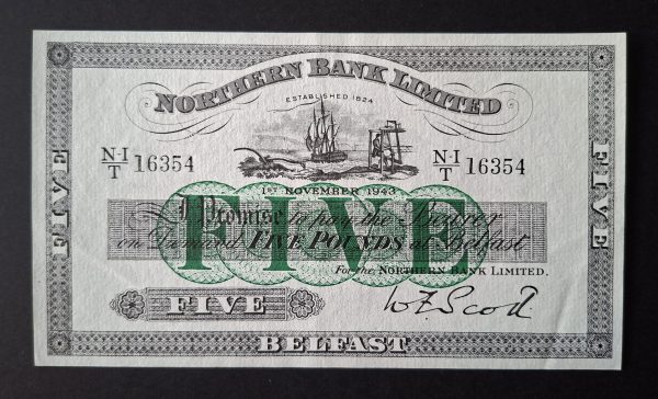 £5 Northern Bank Limited, Scott NI.613c. Last Prefix, 1943 (AUNC) N-I/T 16354