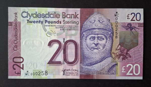 £20 Clydesdale Bank, Crosbie, SC.360Ac FIRST LOW SERIAL NUMBER (AUNC) W/ML 000258