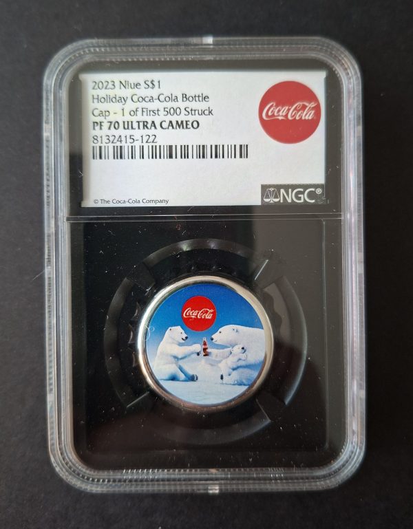 2023 Niue $1 Holiday Coca-Cola Bottle Cap. 1 of First 500 Struck. NGC PF70 Ultra Cameo
